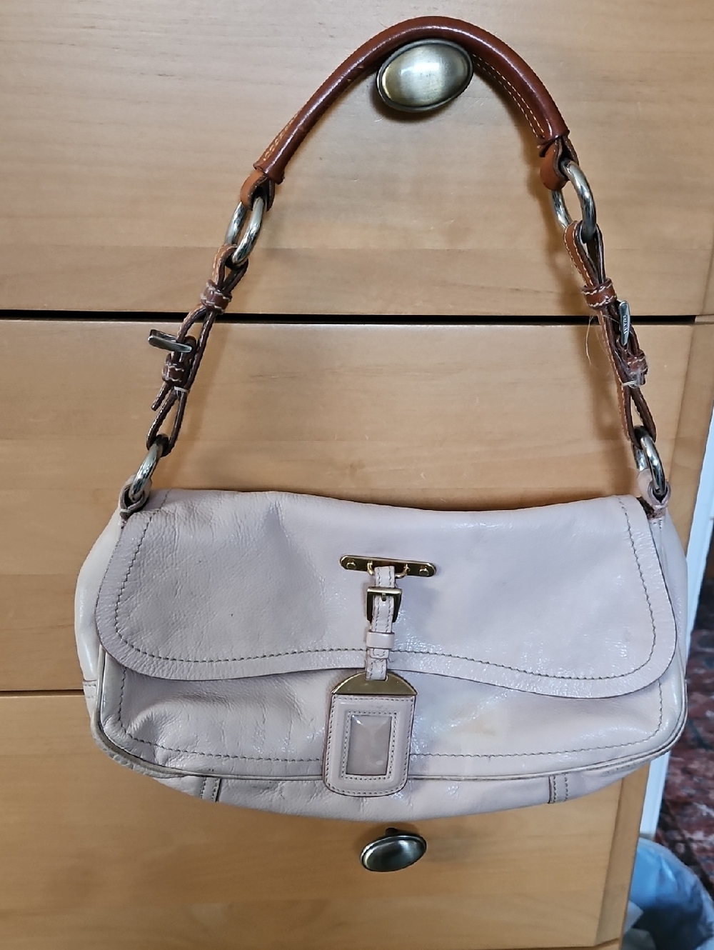 Vintage Prada Soft Pale Pink Leather Bag with Brown and Gold Strap